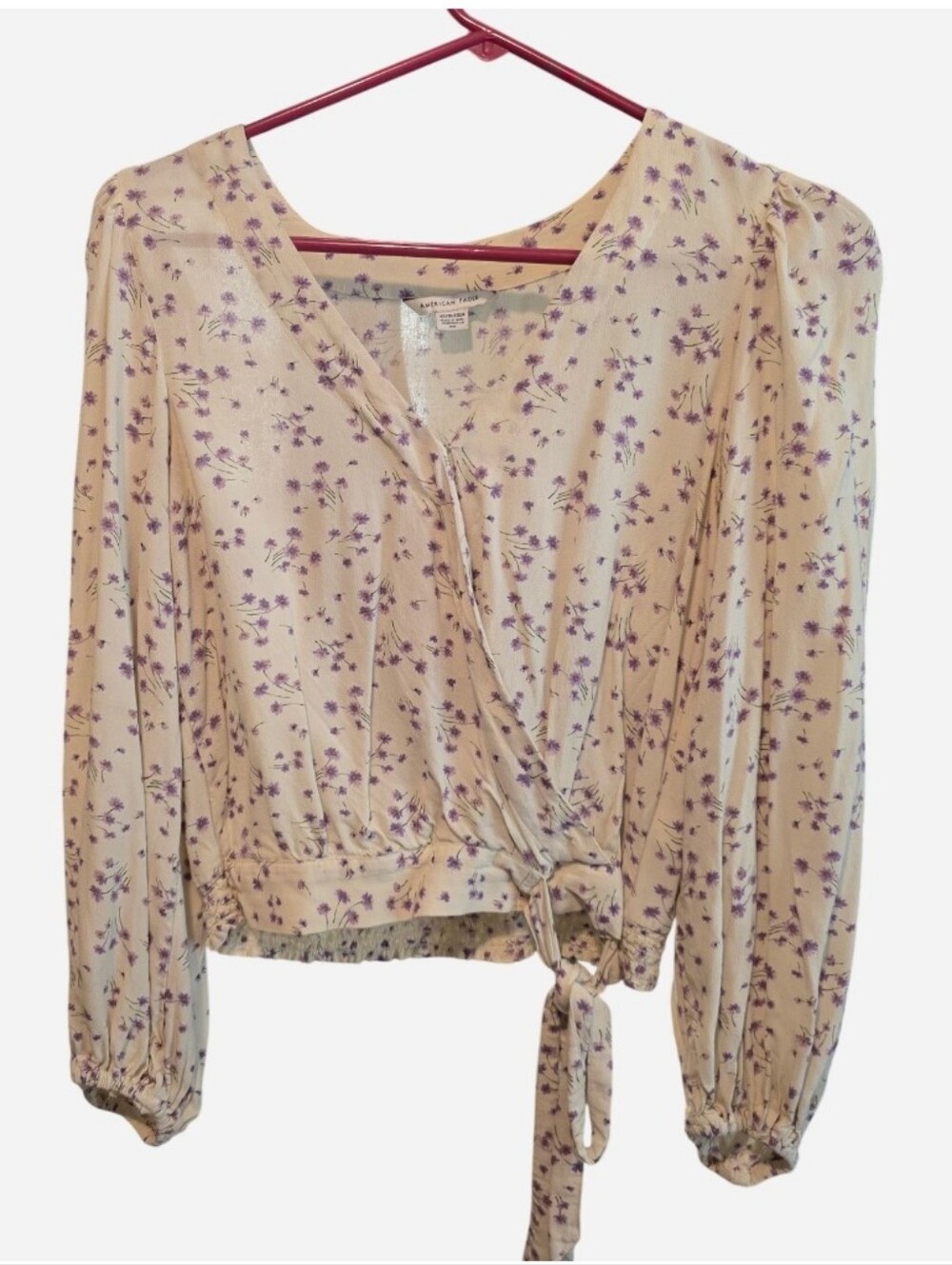 American Eagle Outfitters Cream Wrap Blouse with Purple Floral